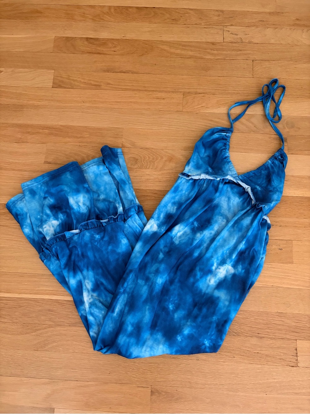Cupshe Tie Dye & Ruffle Maxi Jersey Halter Tie Sun Dress in Blue&White/sz sm/EUC - Picture 9 of 13